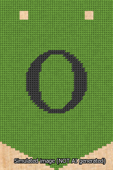 A simulated image of the stitched needlepoint design: Banner 13m Pointed O Black on Light Green. Not A.I. generated.
