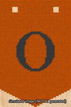 A simulated image of the stitched needlepoint design: Banner 13m Pointed O Black on Orange. Not A.I. generated.