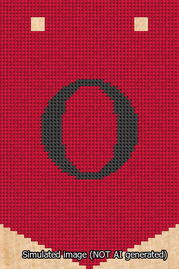 A simulated image of the stitched needlepoint design: Banner 13m Pointed O Black on Red. Not A.I. generated.