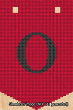 A simulated image of the stitched needlepoint design: Banner 13m Pointed O Black on Red. Not A.I. generated.