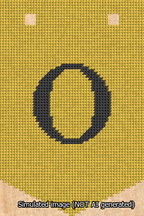 A simulated image of the stitched needlepoint design: Banner 13m Pointed O Black on Yellow. Not A.I. generated.