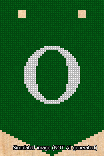 A simulated image of the stitched needlepoint design: Banner 13m Pointed O White on Green. Not A.I. generated.