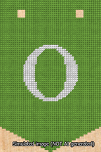 A simulated image of the stitched needlepoint design: Banner 13m Pointed O White on Light Green. Not A.I. generated.