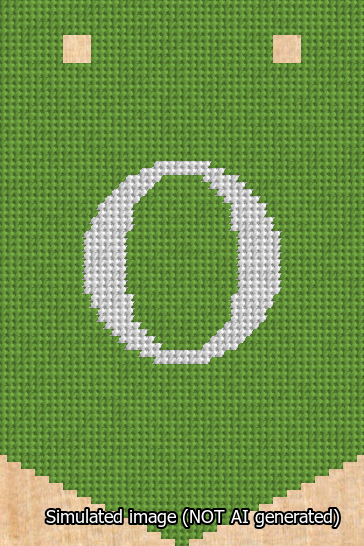 A simulated image of the stitched needlepoint design: Banner 13m Pointed O White on Light Green. Not A.I. generated.