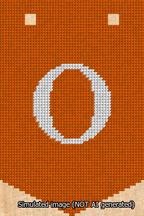 A simulated image of the stitched needlepoint design: Banner 13m Pointed O White on Orange. Not A.I. generated.