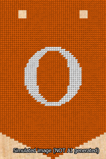 A simulated image of the stitched needlepoint design: Banner 13m Pointed O White on Orange. Not A.I. generated.