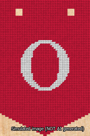 A simulated image of the stitched needlepoint design: Banner 13m Pointed O White on Red. Not A.I. generated.