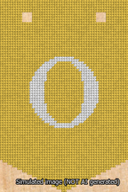 A simulated image of the stitched needlepoint design: Banner 13m Pointed O White on Yellow. Not A.I. generated.