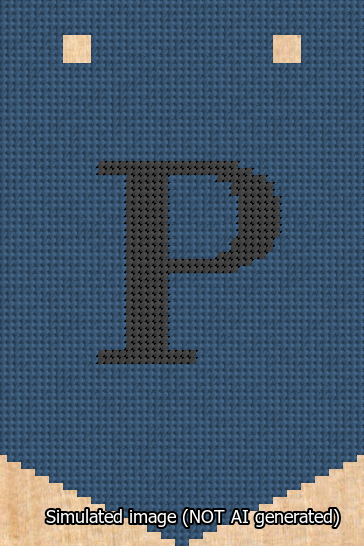 A simulated image of the stitched needlepoint design: Banner 13m Pointed P Black on Blue. Not A.I. generated.