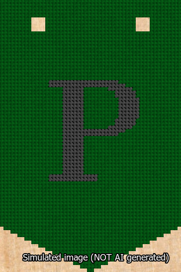 A simulated image of the stitched needlepoint design: Banner 13m Pointed P Black on Green. Not A.I. generated.