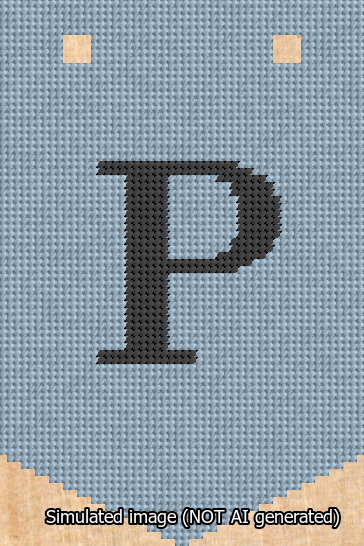 A simulated image of the stitched needlepoint design: Banner 13m Pointed P Black on Light Blue. Not A.I. generated.