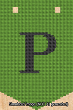 A simulated image of the stitched needlepoint design: Banner 13m Pointed P Black on Light Green. Not A.I. generated.
