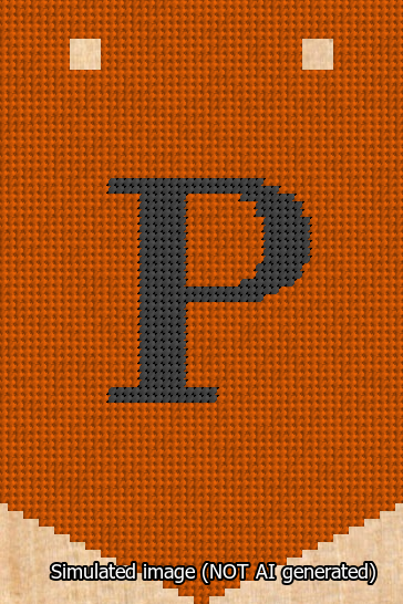 A simulated image of the stitched needlepoint design: Banner 13m Pointed P Black on Orange. Not A.I. generated.