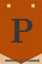 A simulated image of the stitched needlepoint design: Banner 13m Pointed P Black on Orange. Not A.I. generated.