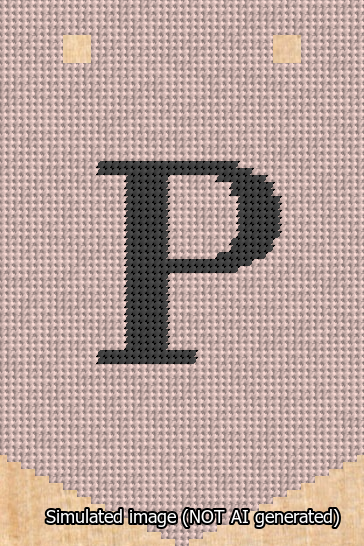 A simulated image of the stitched needlepoint design: Banner 13m Pointed P Black on Pink. Not A.I. generated.