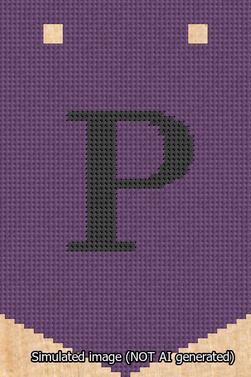 A simulated image of the stitched needlepoint design: Banner 13m Pointed P Black on Purple. Not A.I. generated.