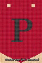 A simulated image of the stitched needlepoint design: Banner 13m Pointed P Black on Red. Not A.I. generated.