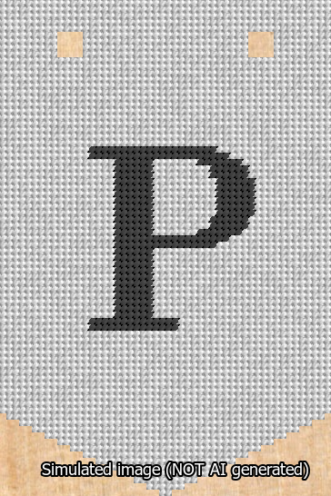 A simulated image of the stitched needlepoint design: Banner 13m Pointed P Black on White. Not A.I. generated.
