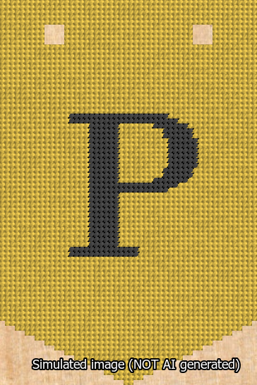 A simulated image of the stitched needlepoint design: Banner 13m Pointed P Black on Yellow. Not A.I. generated.