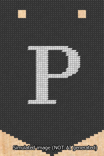 A simulated image of the stitched needlepoint design: Banner 13m Pointed P White on Black. Not A.I. generated.