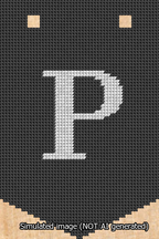 A simulated image of the stitched needlepoint design: Banner 13m Pointed P White on Black. Not A.I. generated.