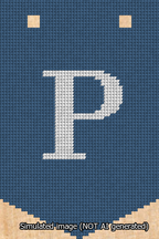 A simulated image of the stitched needlepoint design: Banner 13m Pointed P White on Blue. Not A.I. generated.