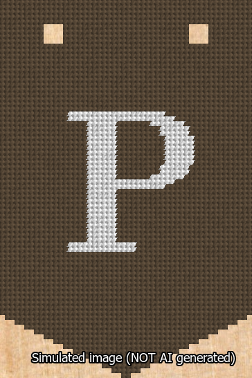 A simulated image of the stitched needlepoint design: Banner 13m Pointed P White on Brown. Not A.I. generated.