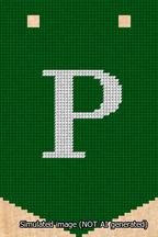 A simulated image of the stitched needlepoint design: Banner 13m Pointed P White on Green. Not A.I. generated.