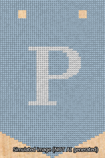 A simulated image of the stitched needlepoint design: Banner 13m Pointed P White on Light Blue. Not A.I. generated.