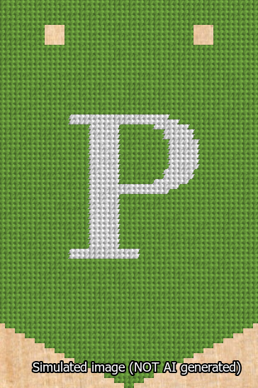 A simulated image of the stitched needlepoint design: Banner 13m Pointed P White on Light Green. Not A.I. generated.