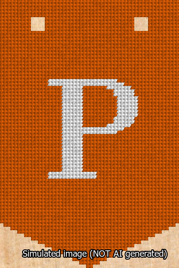 A simulated image of the stitched needlepoint design: Banner 13m Pointed P White on Orange. Not A.I. generated.