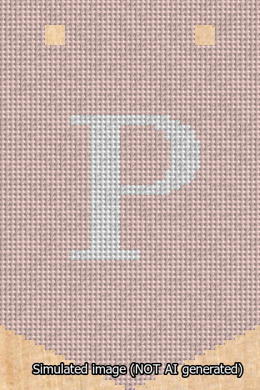A simulated image of the stitched needlepoint design: Banner 13m Pointed P White on Pink. Not A.I. generated.