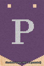 A simulated image of the stitched needlepoint design: Banner 13m Pointed P White on Purple. Not A.I. generated.