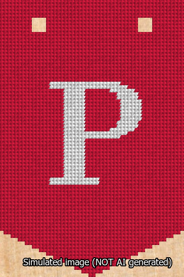 A simulated image of the stitched needlepoint design: Banner 13m Pointed P White on Red. Not A.I. generated.