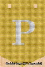 A simulated image of the stitched needlepoint design: Banner 13m Pointed P White on Yellow. Not A.I. generated.