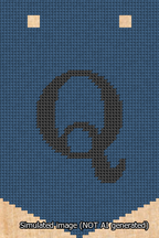 A simulated image of the stitched needlepoint design: Banner 13m Pointed Q Black on Blue. Not A.I. generated.