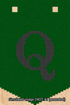 A simulated image of the stitched needlepoint design: Banner 13m Pointed Q Black on Green. Not A.I. generated.
