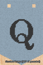 A simulated image of the stitched needlepoint design: Banner 13m Pointed Q Black on Light Blue. Not A.I. generated.