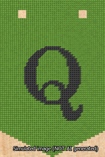 A simulated image of the stitched needlepoint design: Banner 13m Pointed Q Black on Light Green. Not A.I. generated.