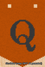 A simulated image of the stitched needlepoint design: Banner 13m Pointed Q Black on Orange. Not A.I. generated.