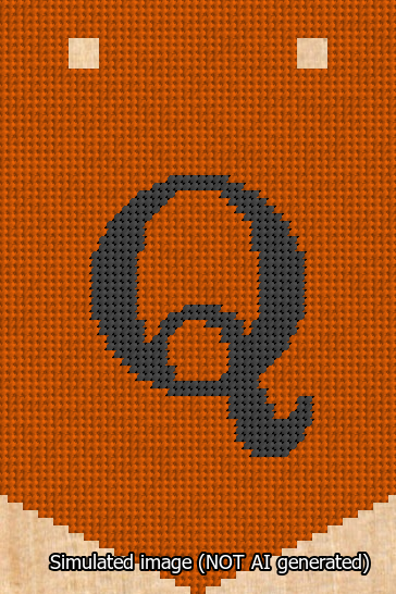 A simulated image of the stitched needlepoint design: Banner 13m Pointed Q Black on Orange. Not A.I. generated.