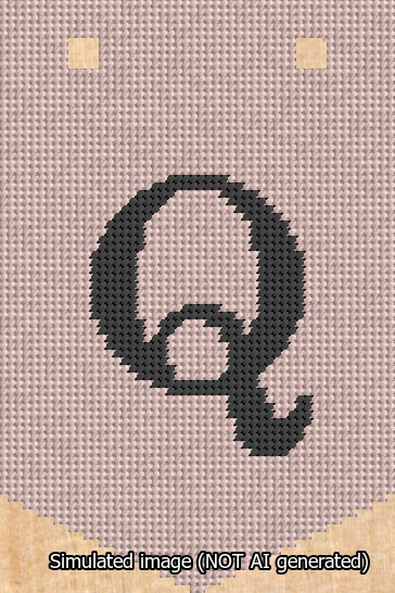 A simulated image of the stitched needlepoint design: Banner 13m Pointed Q Black on Pink. Not A.I. generated.