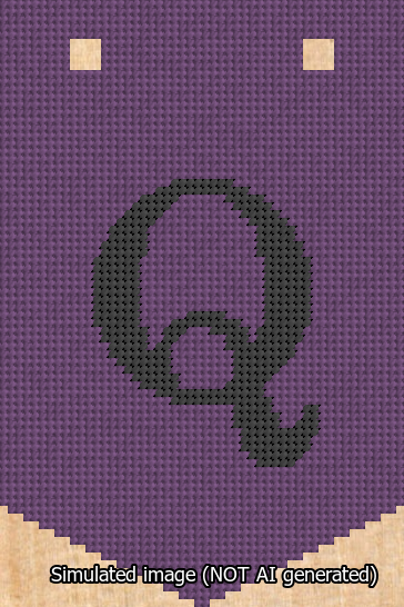 A simulated image of the stitched needlepoint design: Banner 13m Pointed Q Black on Purple. Not A.I. generated.