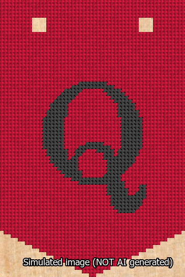 A simulated image of the stitched needlepoint design: Banner 13m Pointed Q Black on Red. Not A.I. generated.