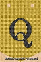 A simulated image of the stitched needlepoint design: Banner 13m Pointed Q Black on Yellow. Not A.I. generated.