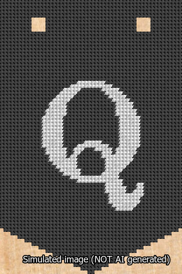 A simulated image of the stitched needlepoint design: Banner 13m Pointed Q White on Black. Not A.I. generated.