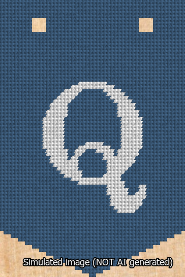 A simulated image of the stitched needlepoint design: Banner 13m Pointed Q White on Blue. Not A.I. generated.