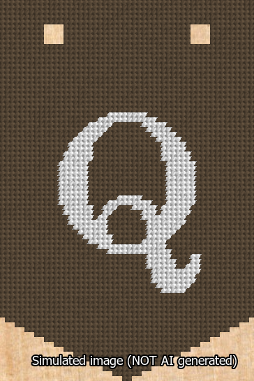 A simulated image of the stitched needlepoint design: Banner 13m Pointed Q White on Brown. Not A.I. generated.
