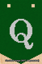 A simulated image of the stitched needlepoint design: Banner 13m Pointed Q White on Green. Not A.I. generated.