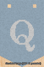 A simulated image of the stitched needlepoint design: Banner 13m Pointed Q White on Light Blue. Not A.I. generated.